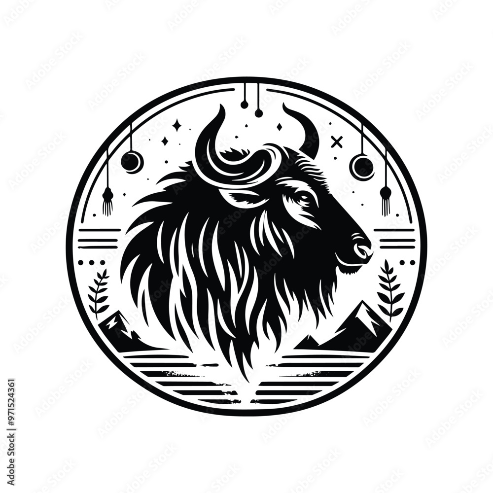 Wall mural Wildebeest in bohemian black and white silhouette illustration