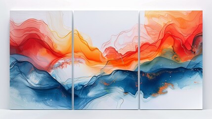 Featuring curves of red, blue, and orange, this trio of abstract fluid art panels makes an excellent addition to any room