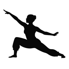 Fototapeta premium a woman in a yoga pose. She is in a side lunge position with her left arm extended upwards and her right arm bent at the elbow 