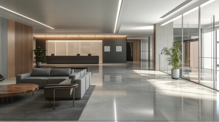 Modern Lobby Interior Design with Grey Sofa and Wooden Reception Desk, 3D Rendering, Interior Design, Lobby Design, Office Design