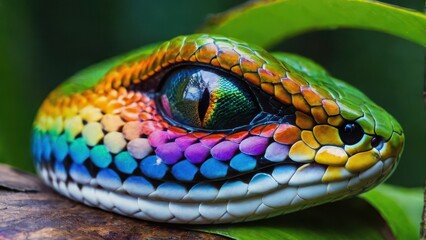 Fototapeta premium A vibrant, colorful snake resting on a branch, showcasing intricate scales and a striking eye.