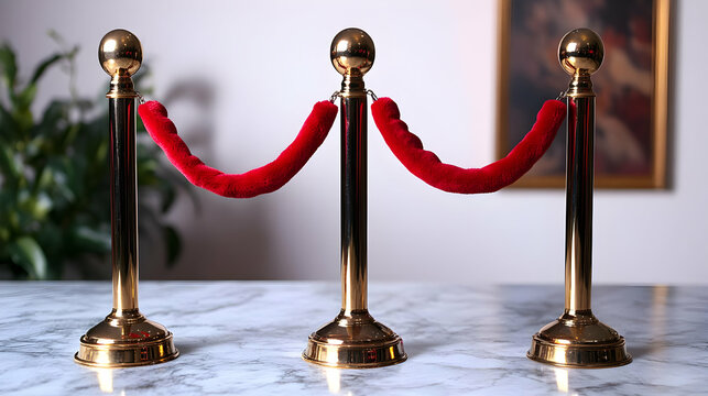 A set of three elegant stanchions with red velvet ropes, indicating an area for restricted access.