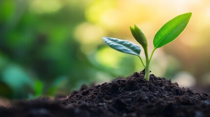 Fototapeta premium New Life Emerging From the Soil, Close-up, Green Leaves, Sunlight, Growth, Nature, Plants