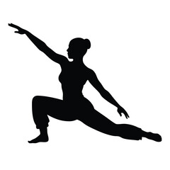 Fototapeta premium a woman in a yoga pose. She is in a side lunge position with her left arm extended upwards and her right arm bent at the elbow 