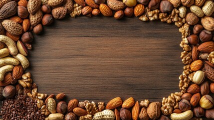 Nuts Frame on Wooden Background, Nuts, Healthy Snack, Frame, Wood, Food