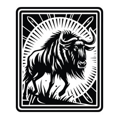 Wildebeest in Tarot card black and white silhouette illustration