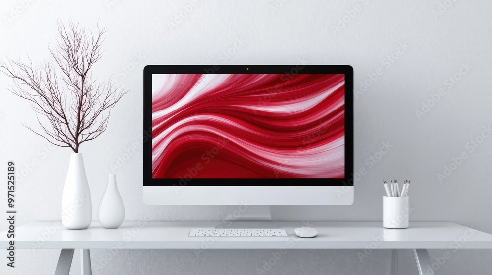 Poster a minimalist office setup where the monitor morphs into a fluid wave of data, the flow of informatio