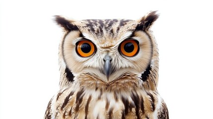 Fototapeta premium Owl Portrait with Orange Eyes, White Background, Close-up, Feathers, Bird, Wildlife, Nature