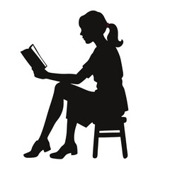 a woman sitting on a stool and reading a book. The person is facing away from the viewer and is holding the book in their hands 