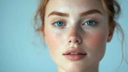 Fototapeta premium Close-up Portrait of a Woman with Freckles and Blue Eyes