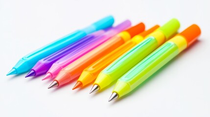 Fototapeta premium Rainbow of Pens on White Background, Pencils, Colorful, Stationery