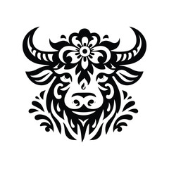 Fototapeta premium Yak in folk art black and white silhouette illustration