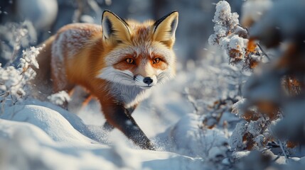 Fototapeta premium Red Fox Walking Through a Snowy Winter Forest