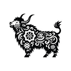 Obraz premium Yak in folk art black and white silhouette illustration