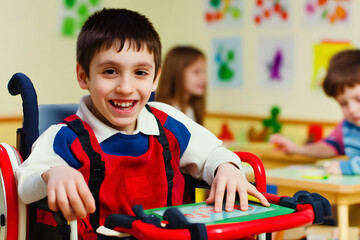 Smiling boy with cerebral palsy in a wheelchair at school