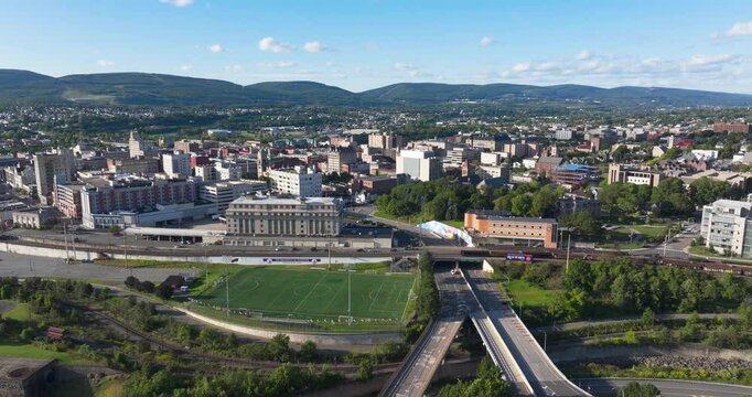 Late summer, early fall aerial, drone, video of the Scranton Pennsylvania skyline.  September 2024.