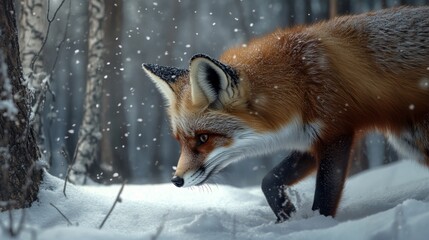Obraz premium Red Fox in Snowy Forest, Focused on Scent