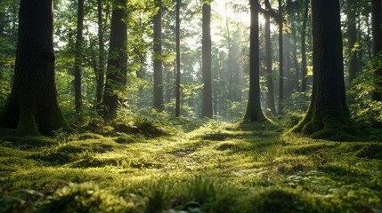 Fototapeta premium The sun penetrates the forest, illuminating trees and casting shadows on the lush, green grass below The forest floor, blanketed by grass, completes this verdant scene