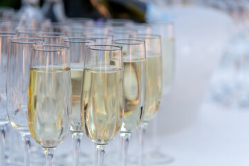 Close-up view of group of drinking glasses with champagne standing in row on white table. Soft focus. Copy space. Holiday celebration theme.