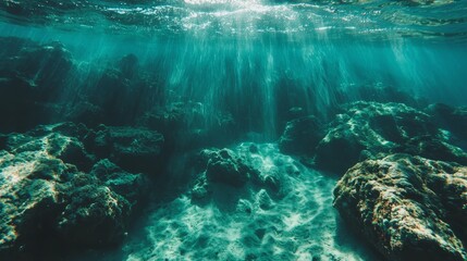 Obraz premium A crystal-clear body of water, adorned with submerged rocks, basks in the radiance of sunlight The water's surface gleams, reflecting the be