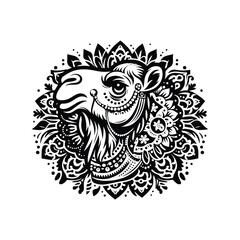 Camel in folk art black and white silhouette illustration