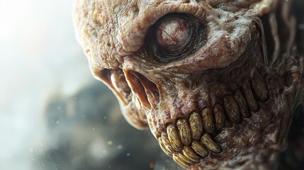  A tight shot of a grotesque creature with numerous wrinkles adorning its facial features and eyes