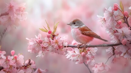  A bird perches on a cherry branch, surrounded by foreground pink blossoms Background softly blurred
