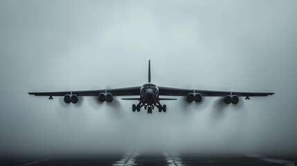  A large jetliner cutting through foggy skies, touching down on an airport runway midday