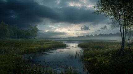 Obraz premium A river flows through a verdant field under a cloud-studded sky, framed by a solitary tree and lush grass