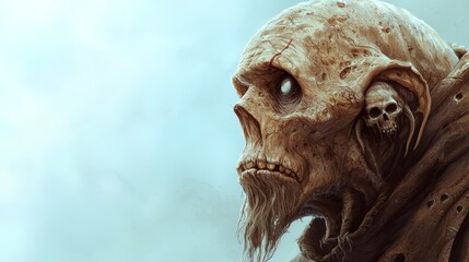 long beard, skull adornment on face, backdrop of azure sky