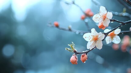  A tight shot of a bloom on a tree limb, adorned with dewdrops on its petals, against a soft, indistinct backdrop