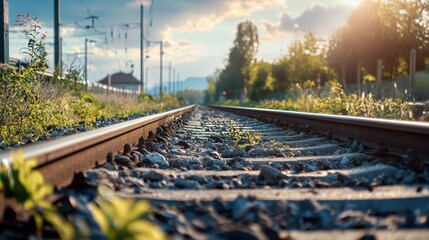  A train track bisects a grassy expanse dotted with trees A building lies beyond the track on its opposite side