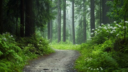 Fototapeta premium A dirt path, bordered by abundant trees and blooming flowers, winds through a dense forest