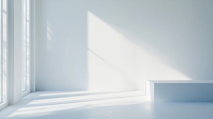 White Minimalist Room with Window Light, 3D Rendering, Minimalist Interior, Product Display, Mockup, White Background, Showcase