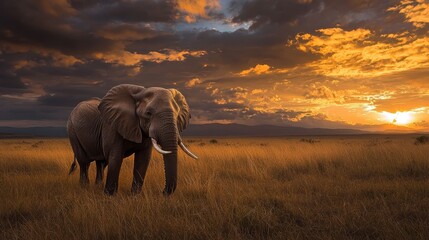 Obraz premium An elephant stands in a field, surrounded by clouds in the sky, as the sun sets behind