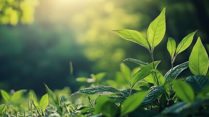 Fototapeta premium A tight shot of a plant amidst a sea of grass Sunlight filters through the foliage of nearby trees in the backdrop