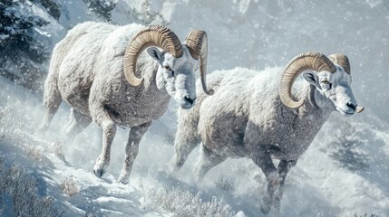 Two Bighorn Sheep Running Through Snow-Covered Mountain Landscape