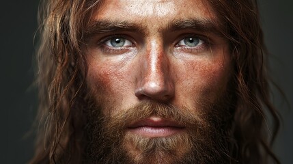 long hair frames his blue eyes, a beard completes the look