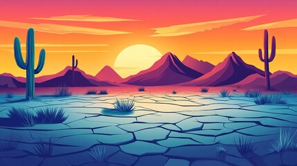 A vibrant sunset over a desert landscape featuring cacti, dry terrain, and distant mountains under a colorful sky