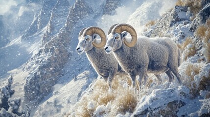Two Bighorn Sheep Standing on a Snowy Mountainside