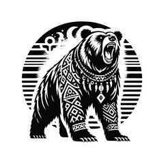 grizzly bear in bohemian black and white silhouette illustration