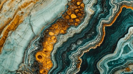  A detailed view of an abstract artwork featuring intermingling blues, yellows, and greens, bisected by a distinct brown line