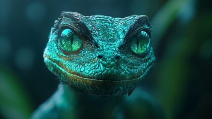 Fototapeta premium A tight shot of a lizard's expressive green eyes against a backdrop of a nearby green plant in the foreground