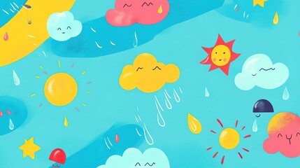 Whimsical illustration of sunny and rainy weather elements combined in a playful design featuring clouds, sun, and colorful drops