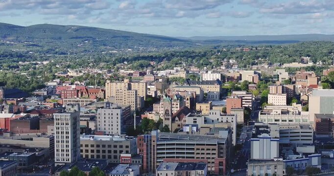 Late summer, early fall aerial, drone, video of the Scranton Pennsylvania skyline.  September 2024.
