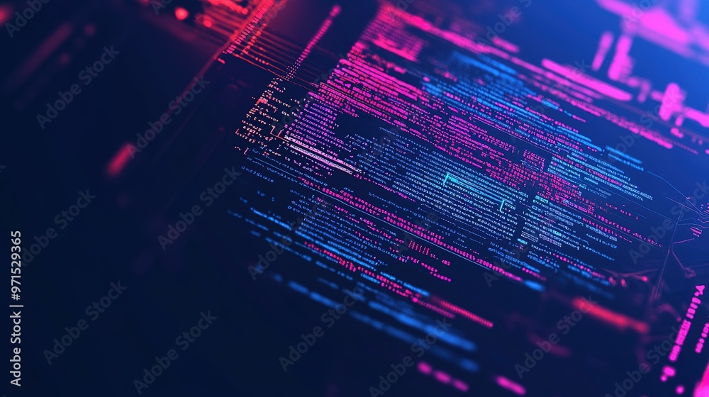 Poster abstract digital data streams in purple and blue tones highlighting intricate coding patterns