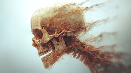  A tight shot of a human skull, adorned with hair, sits before a backdrop of still water