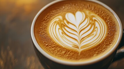  A tight shot of a coffee cup, adorned with a leaf design atop, and a spoon positioned in front