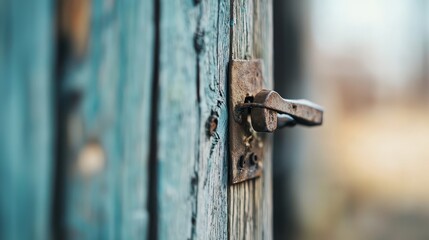  A tight shot of a door handle on a weathered wood door, adorned with a corroded padlock affixed to its exterior