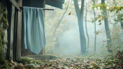  A blue towel on a clothesline amidst fall foliage Leaves scatter the ground, trees encircle the backdrop